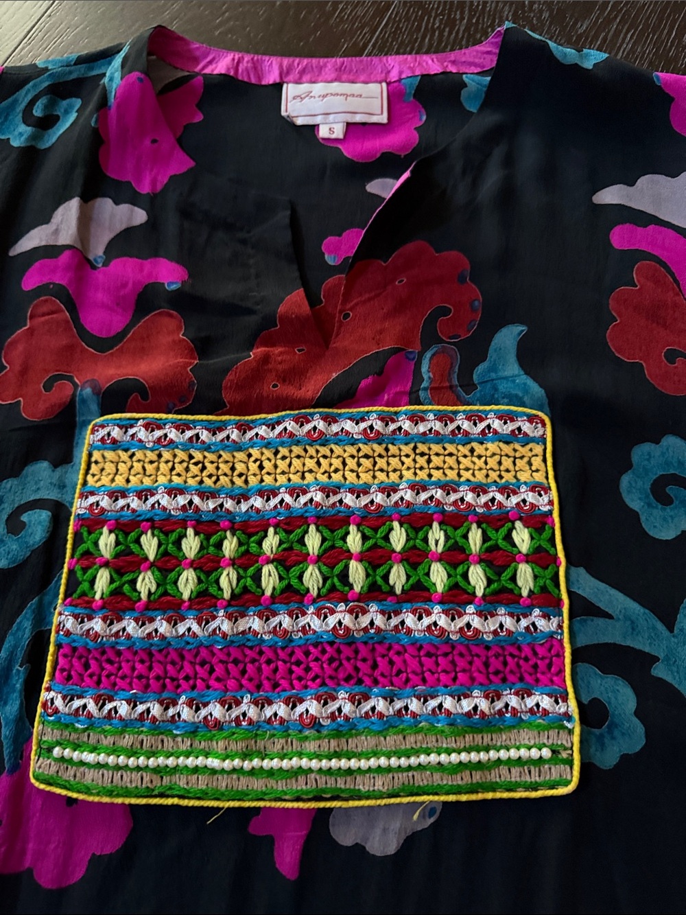 💯 % silk Black Tunic with Multicolor Embroidered Chest Panel